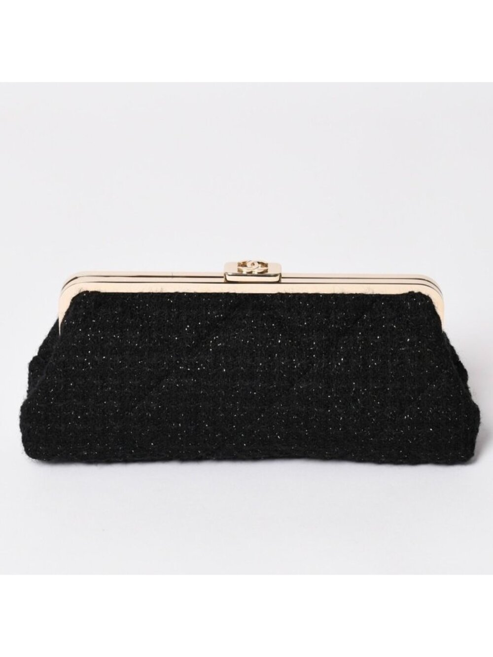 Chanel Clutch Pouch CC Logo Tweed Kiss Lock Black Gold